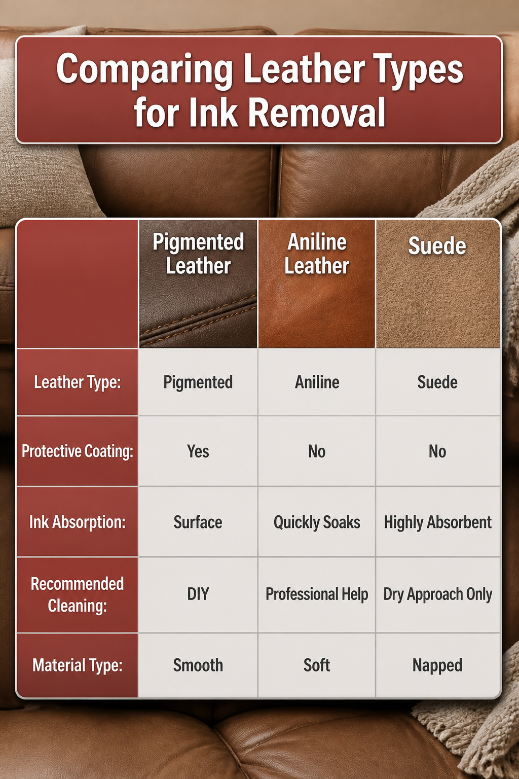 Chart comparing different leather types and their ink removal.