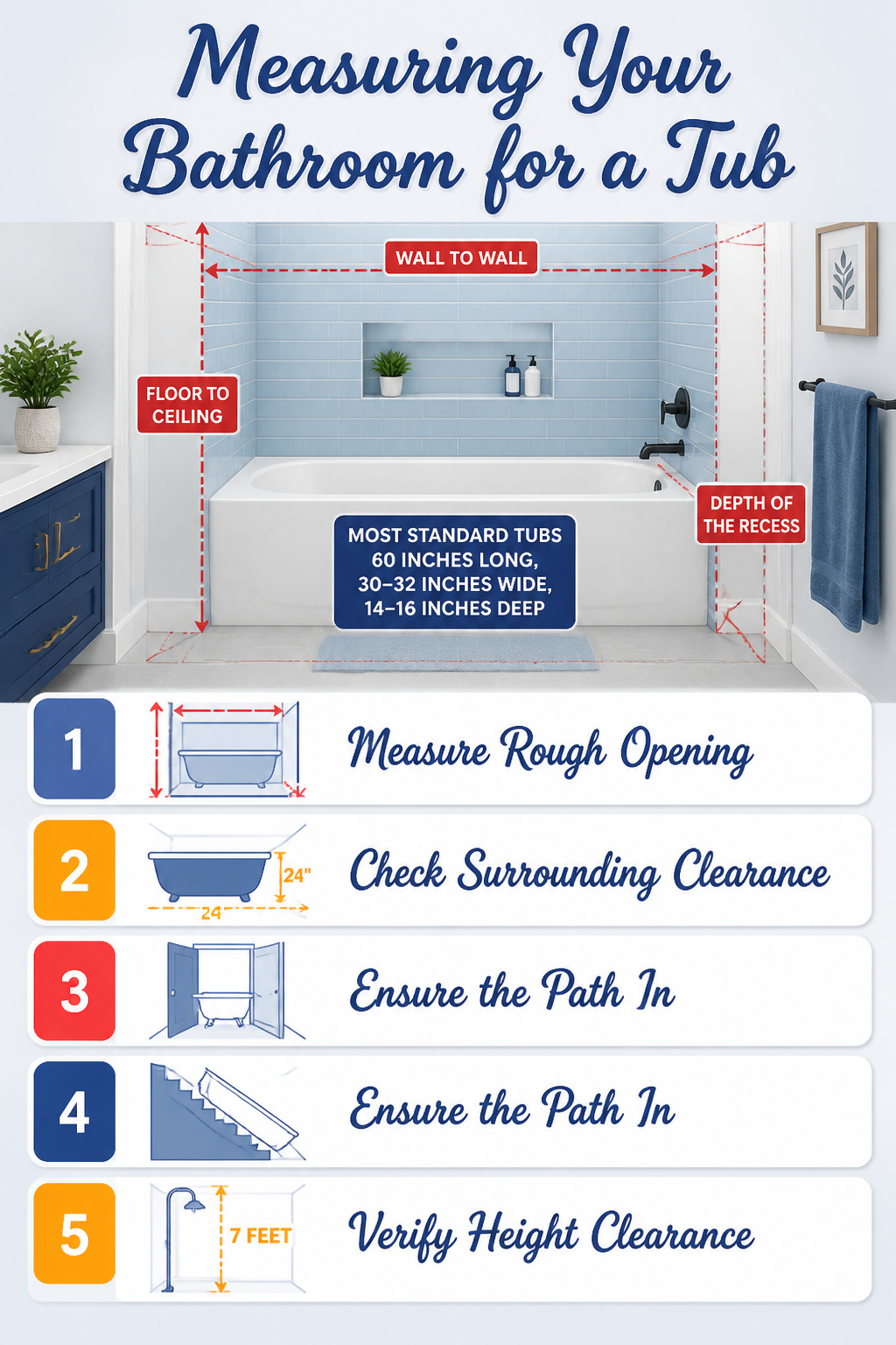 An information image showing how to measure a bathroom for a tub.