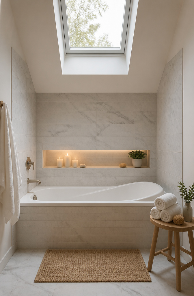 A photograph of a 66-inch tub in a stylish alcove.
