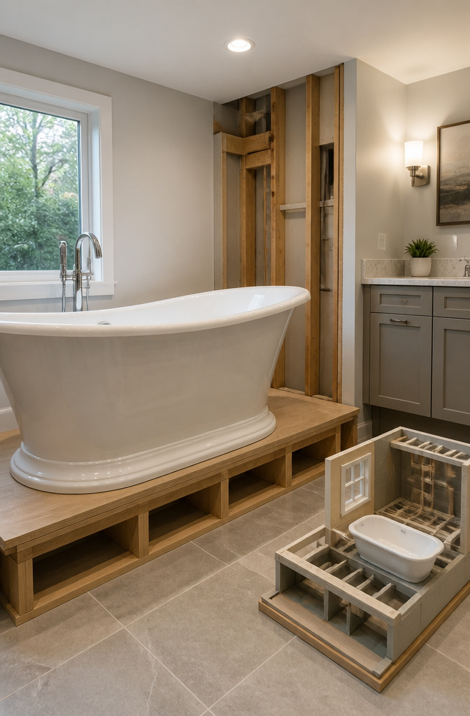 A photograph of a cast iron tub on a wooden platform.