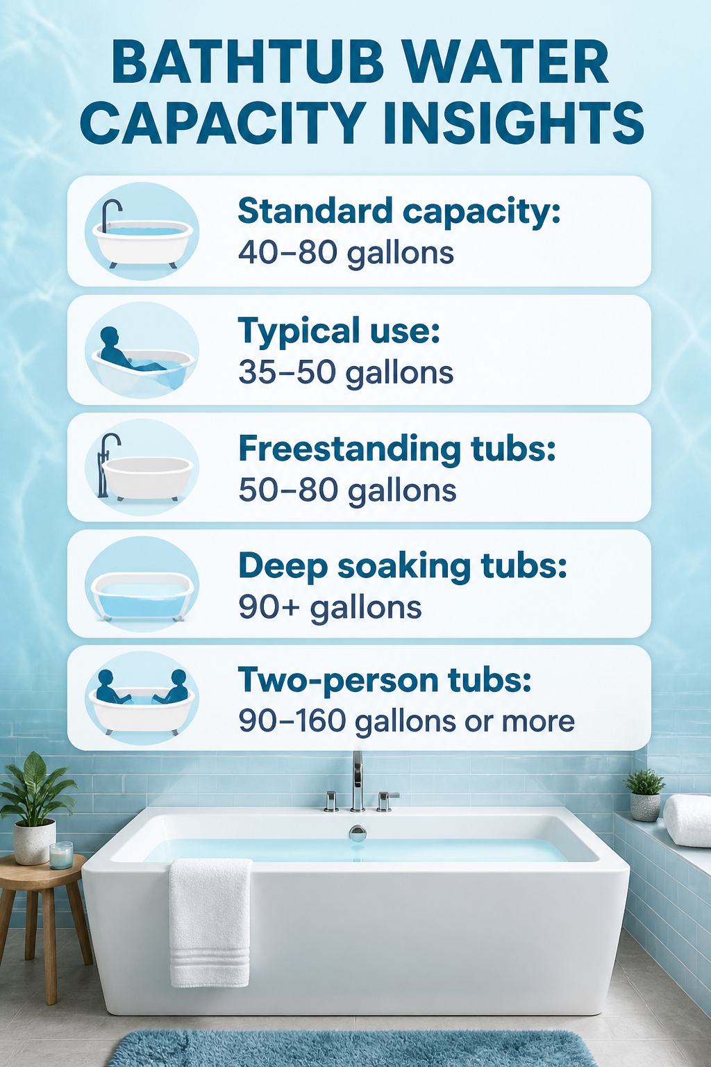 An information image showing bathtub water capacity insights.