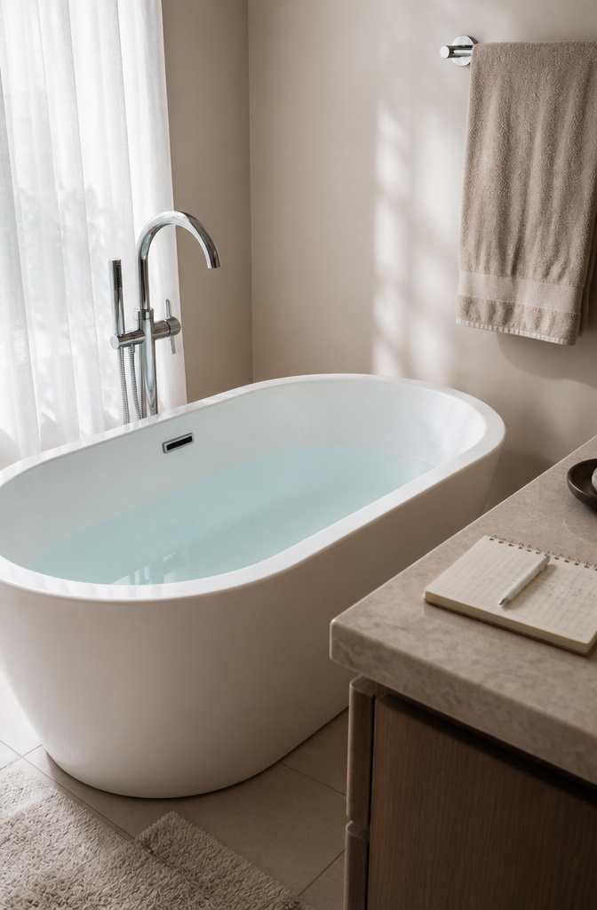 A filled bathtub showing a marked fill line and modern faucet.