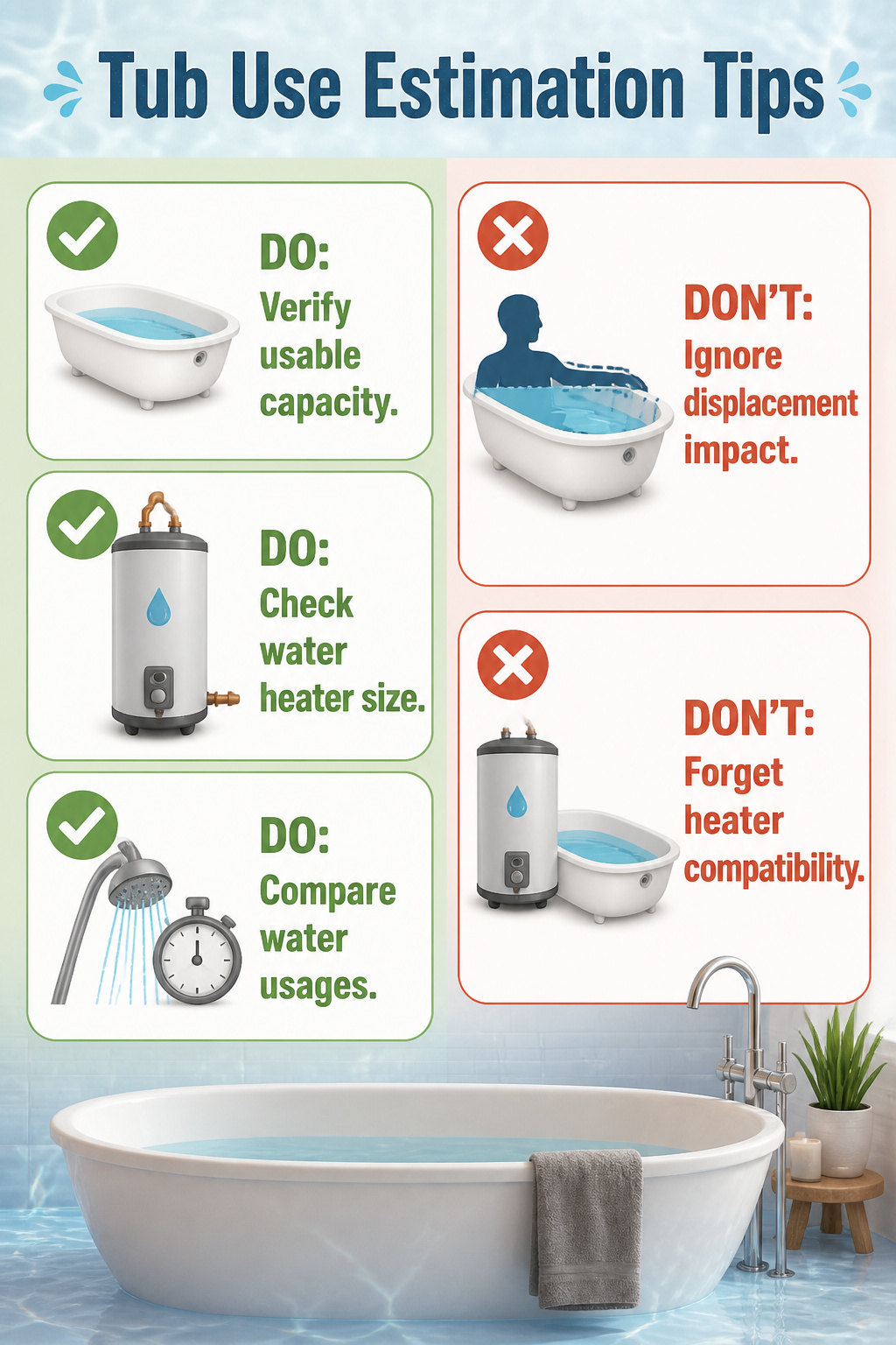 An infographic listing tips for estimating tub water usage.