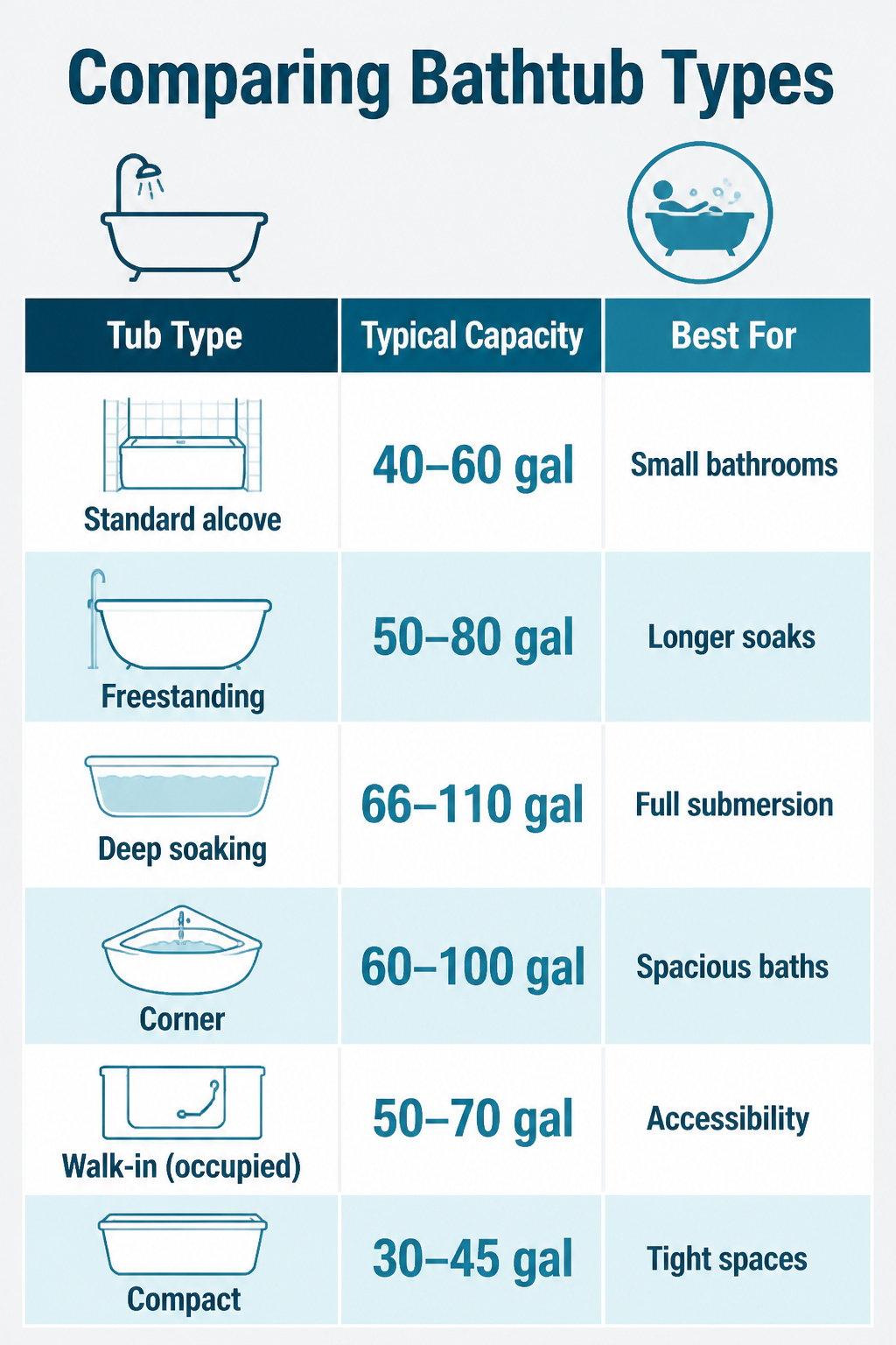 An information image comparing various bathtub types and their capacities.