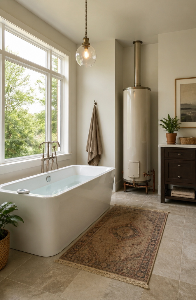A bathtub and a standard water heater in a bathroom setting.