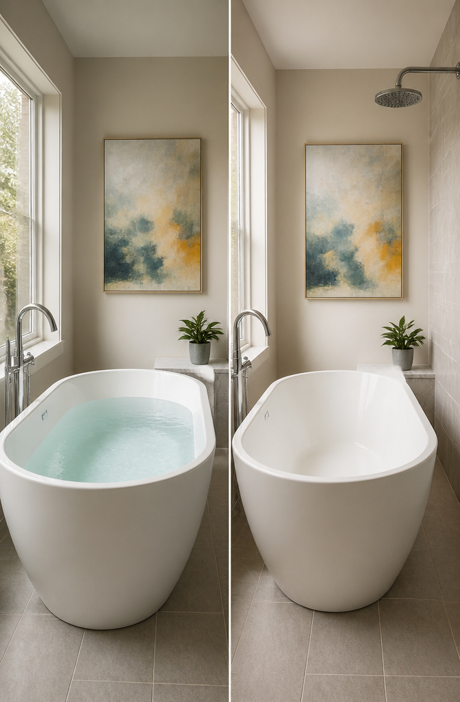 A filled bathtub and a showerhead illustrating water usage.