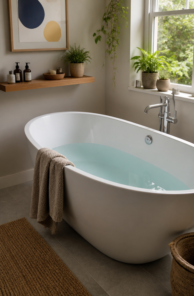A decorated bathroom featuring a partially filled standard tub.