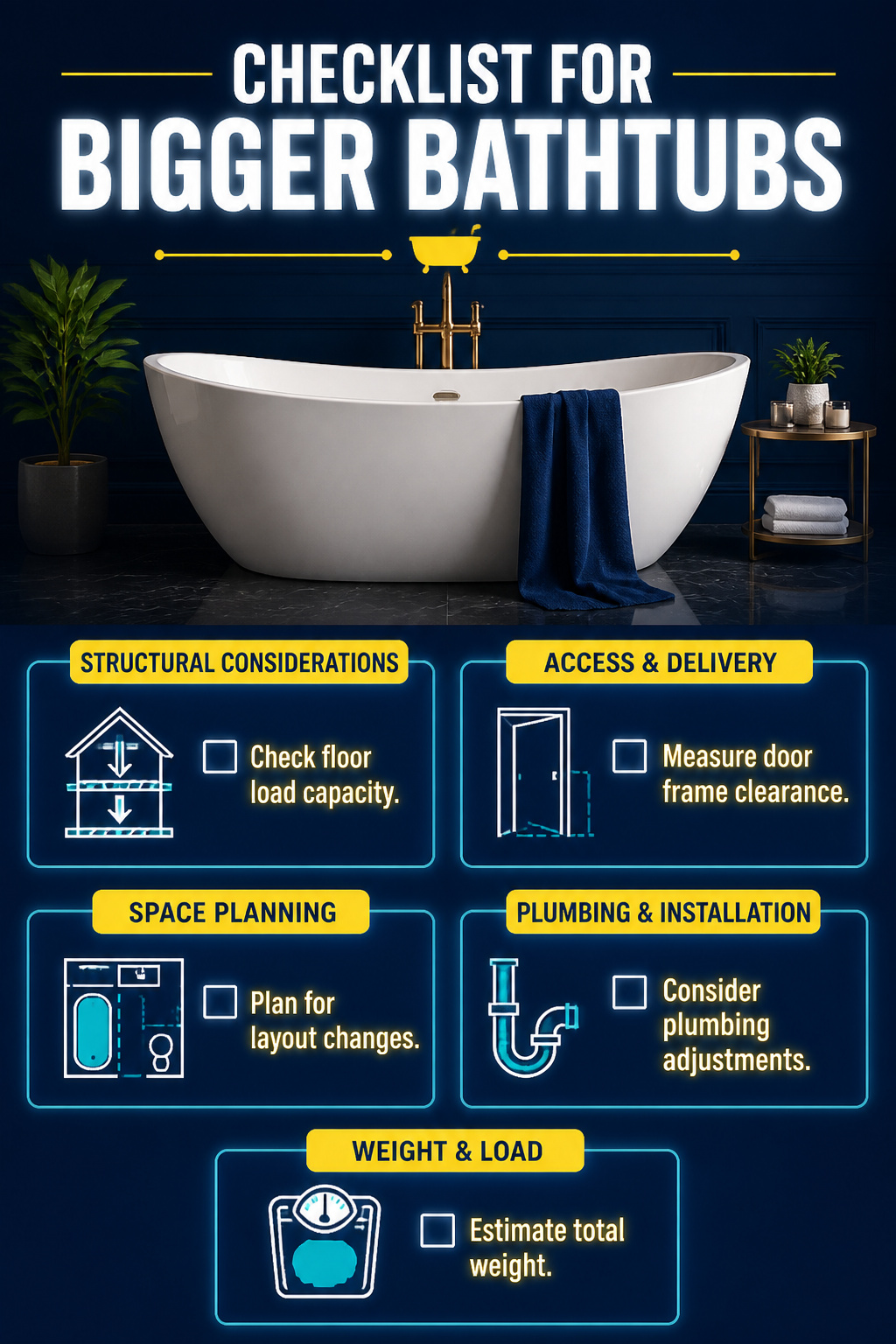 An information image listing considerations for bigger bathtubs.