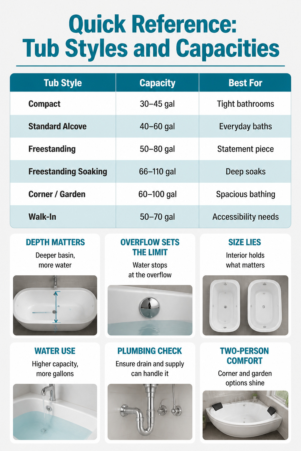 An information image summarizing tub styles and their water capacities.