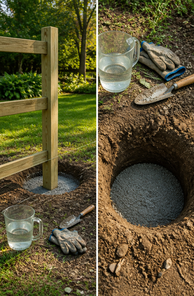 A photograph depicting the dry pour method for fence posts.