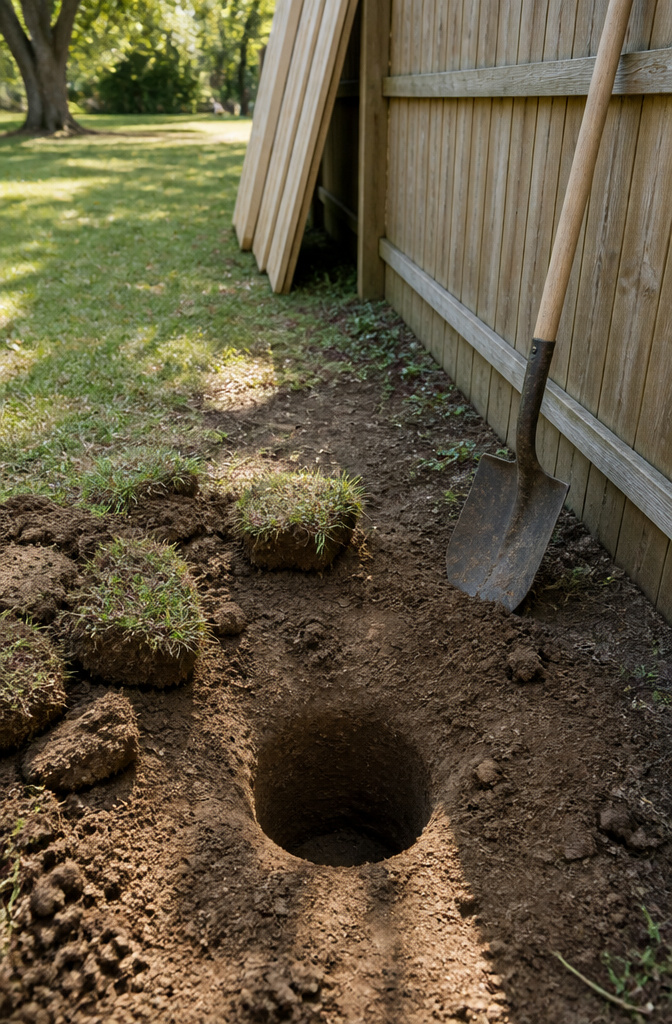 A 12-inch diameter post hole with a shovel nearby.