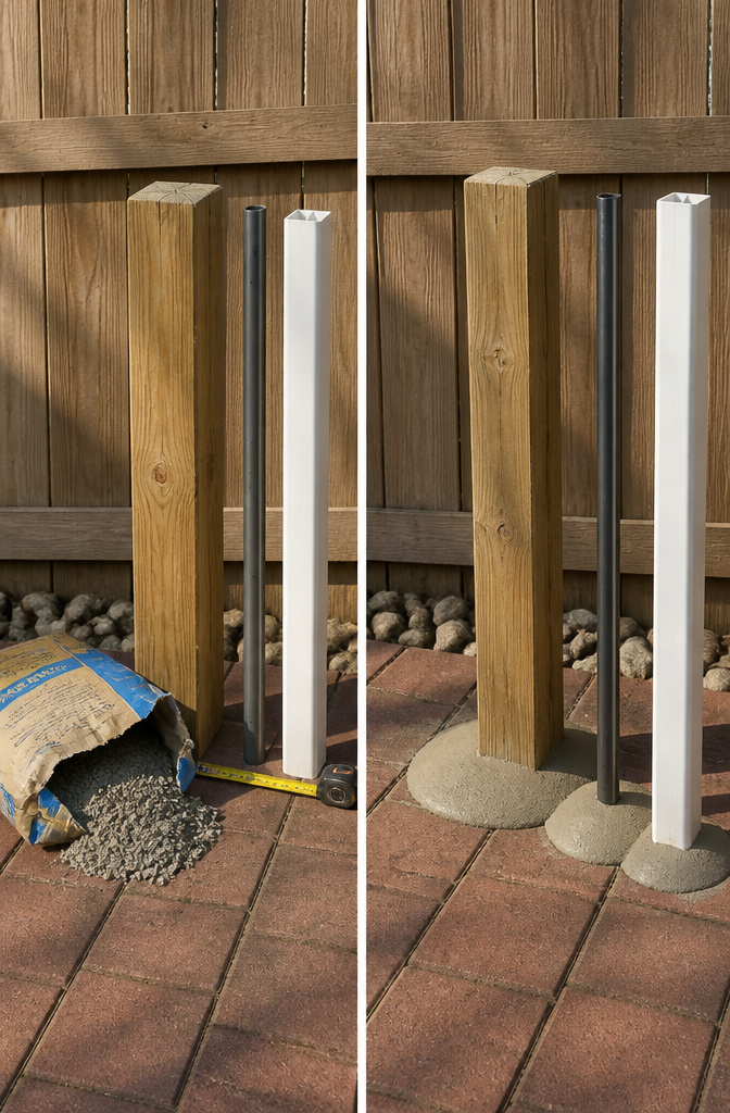A photograph showing different types of fence posts and their concrete needs.