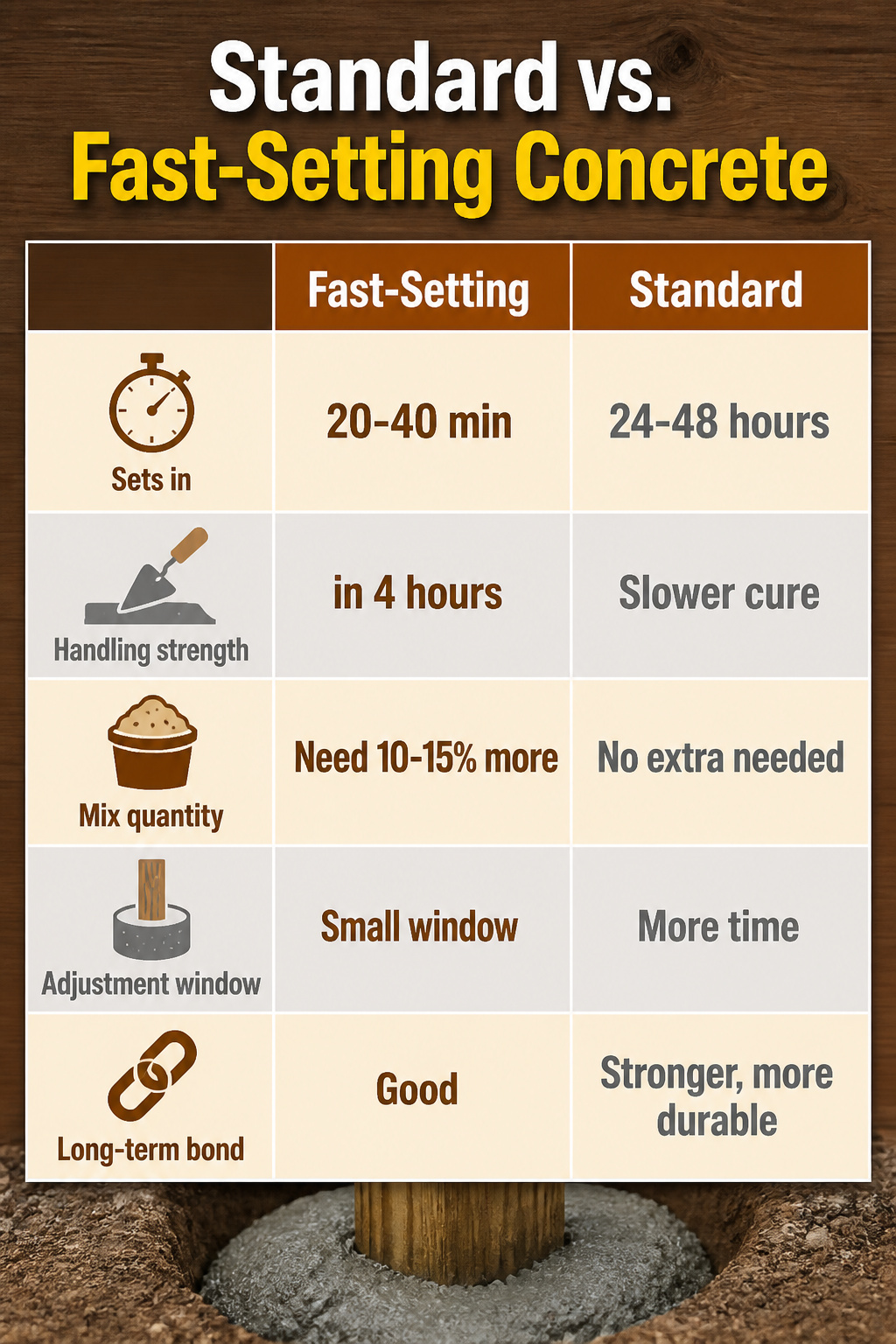 An information image comparing standard and fast-setting concrete.
