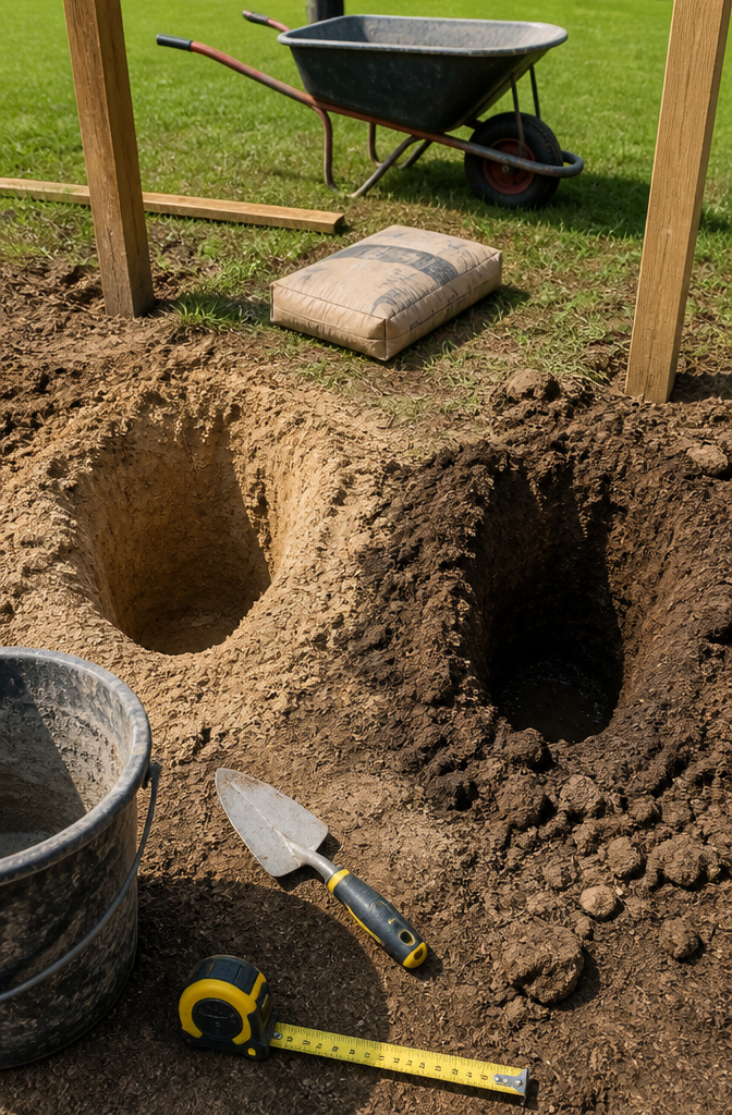 A divided frame showing post holes in sandy and clay soil.