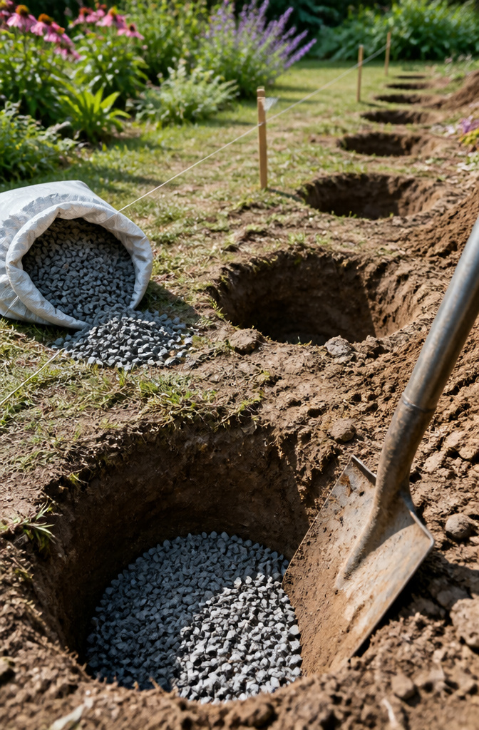 A close-up of a gravel layer inside a post hole.