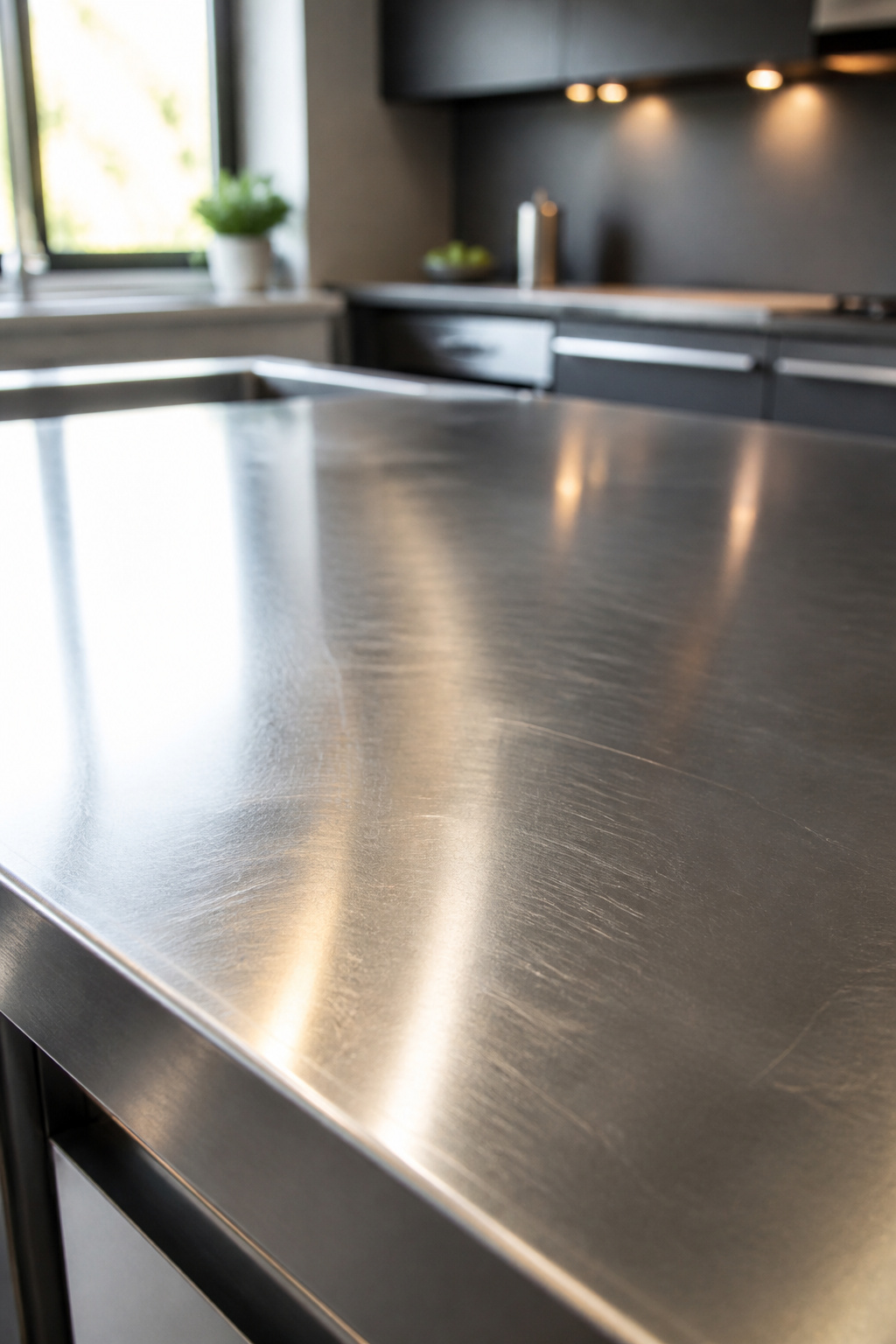 A stainless steel countertop with a reflective surface in a kitchen.