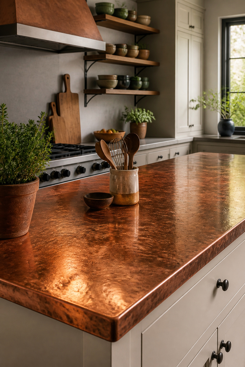A vibrant copper countertop with kitchen tools and a potted herb.