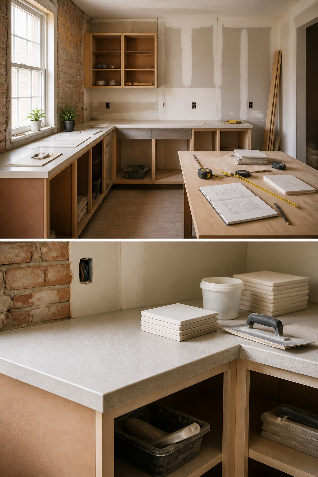 A DIY-friendly kitchen project featuring tile and laminate countertops.
