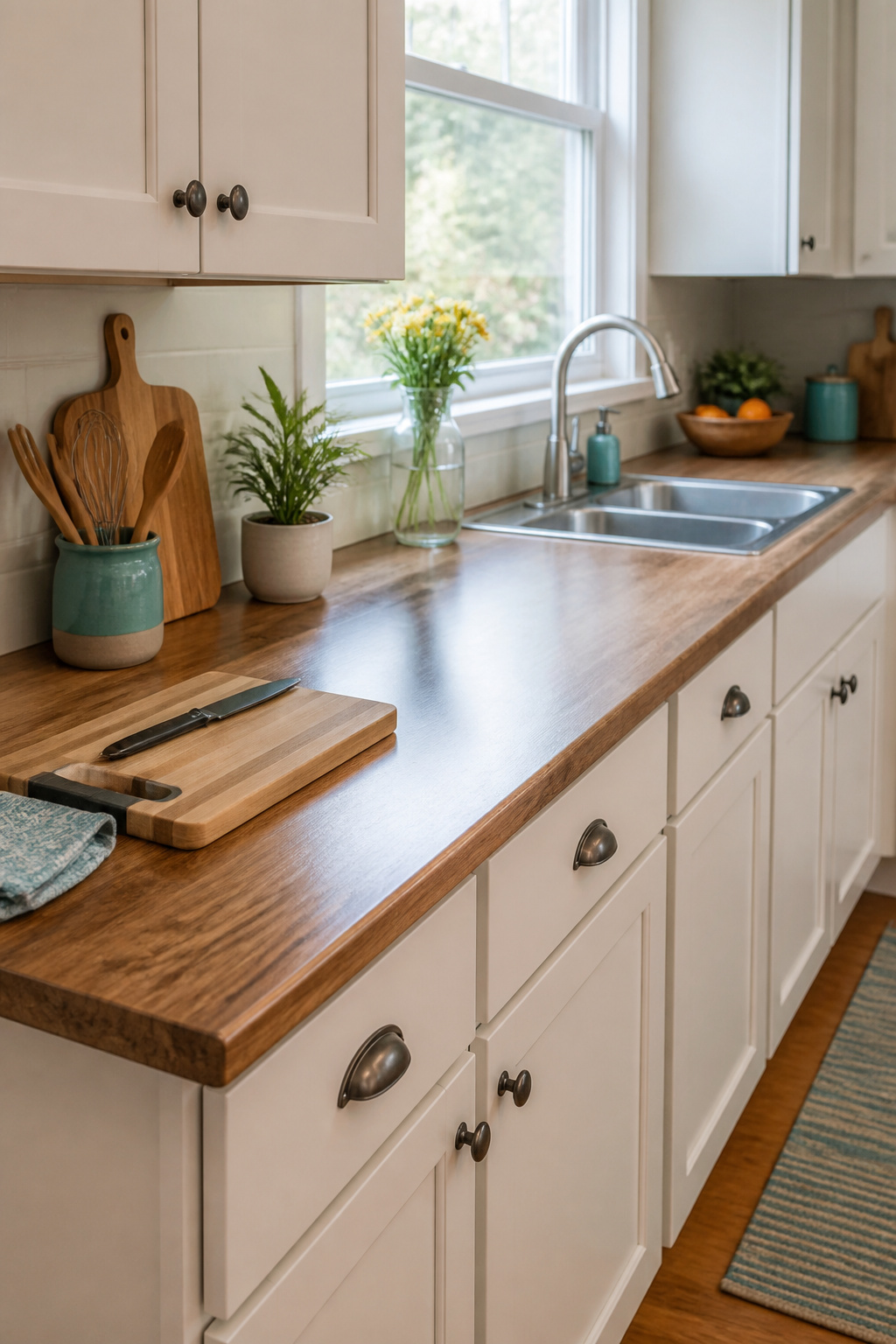 A modern kitchen with a glossy laminate countertop and utensils.