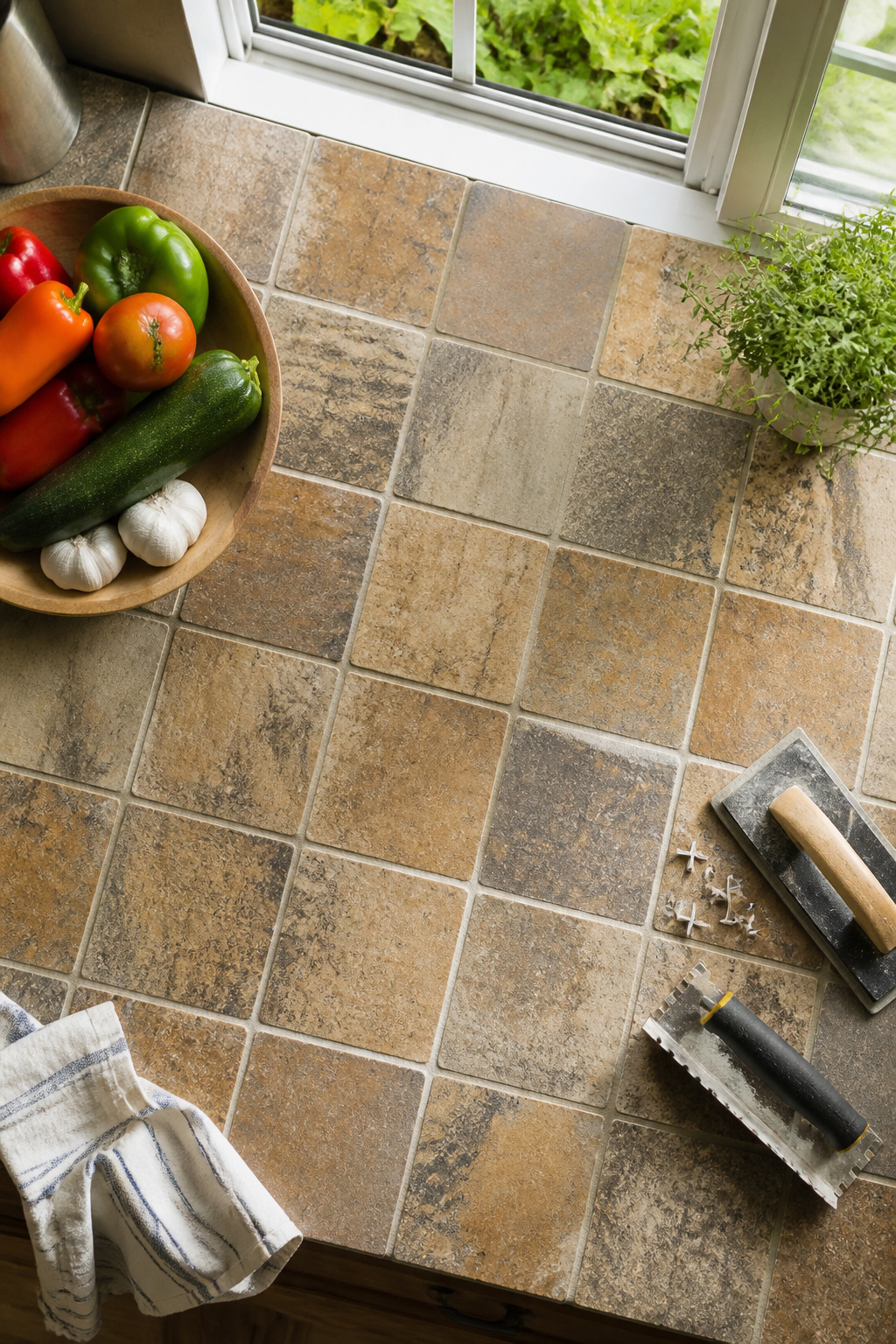 A close-up of a tiled countertop showcasing various tile designs.