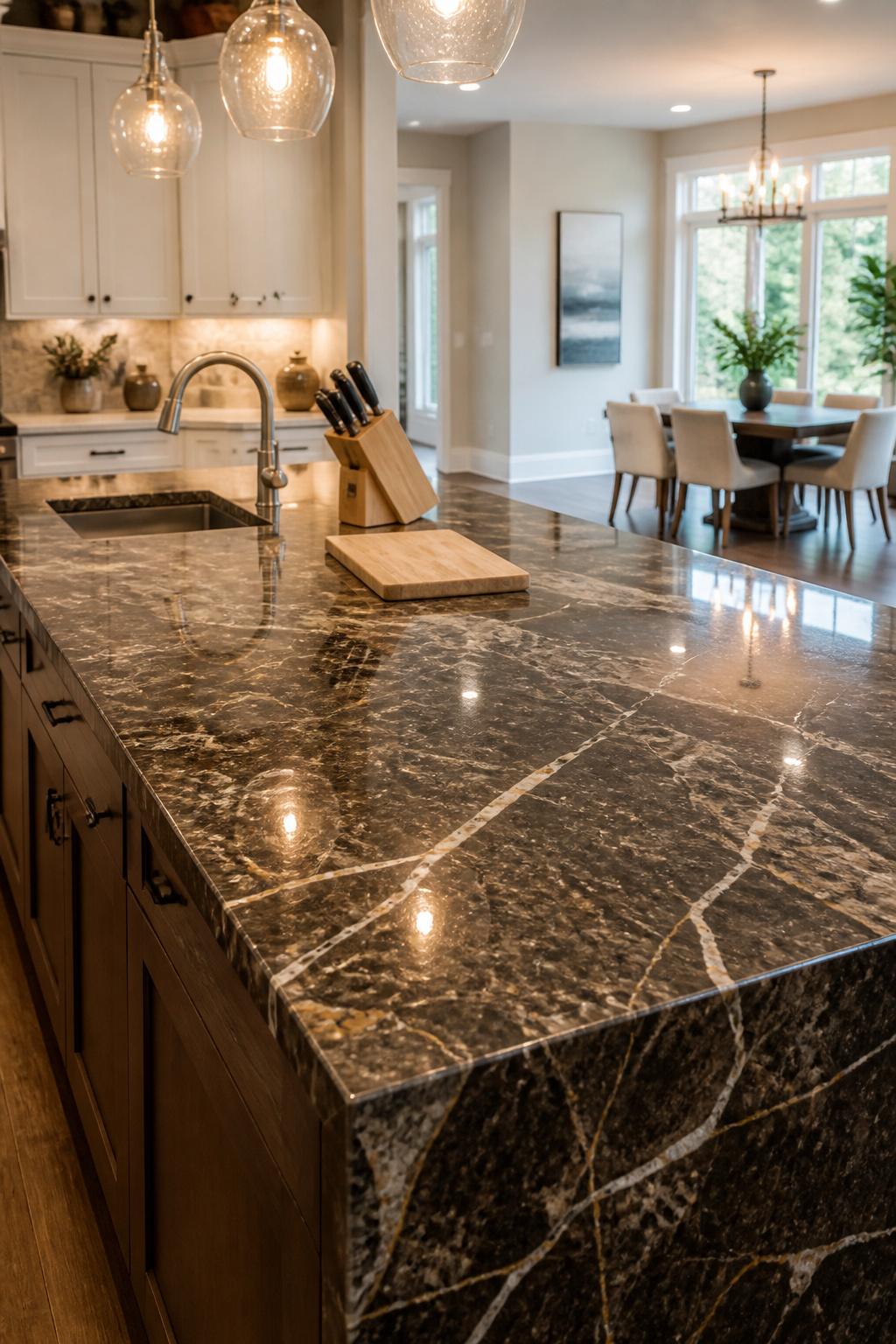 A natural granite countertop with a shiny surface in a kitchen setting.