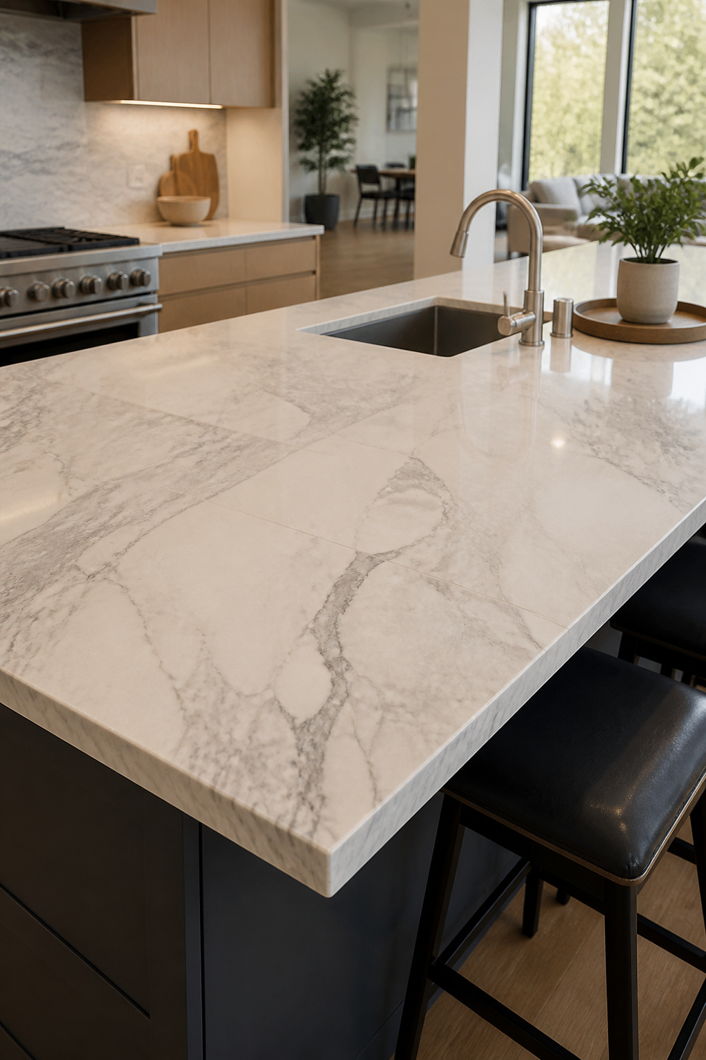 A quartz countertop with a smooth surface and modern design.