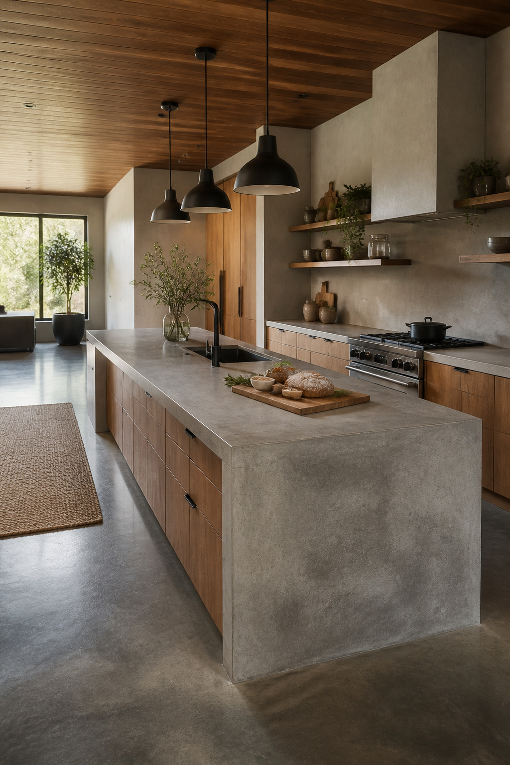 A concrete countertop with a raw finish in an open kitchen.