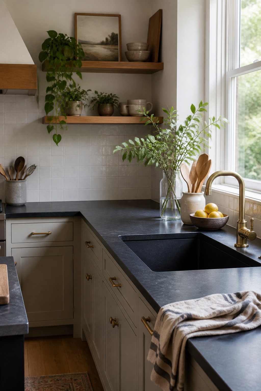 A soapstone countertop with a dark, oiled finish in a cozy kitchen.