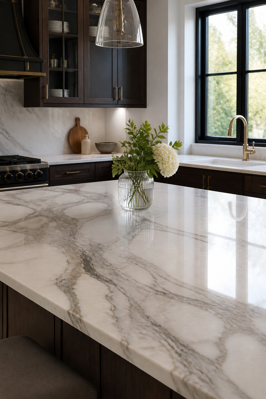 A stunning marble countertop with creamy whites and bold greys.