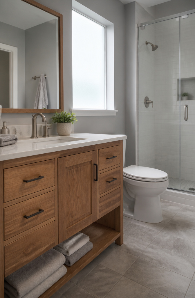 A 32-inch standard height vanity made of oak with a quartz countertop.