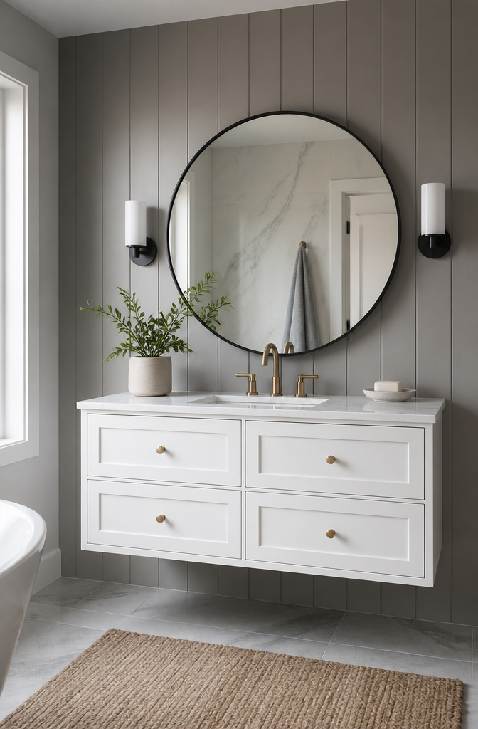 A 34-inch floating vanity with a white marble countertop and circular mirror.