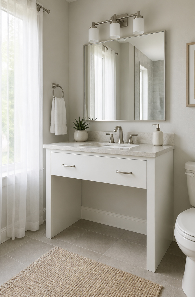 A 34-inch ADA-compliant vanity with a white finish and open bottom design.
