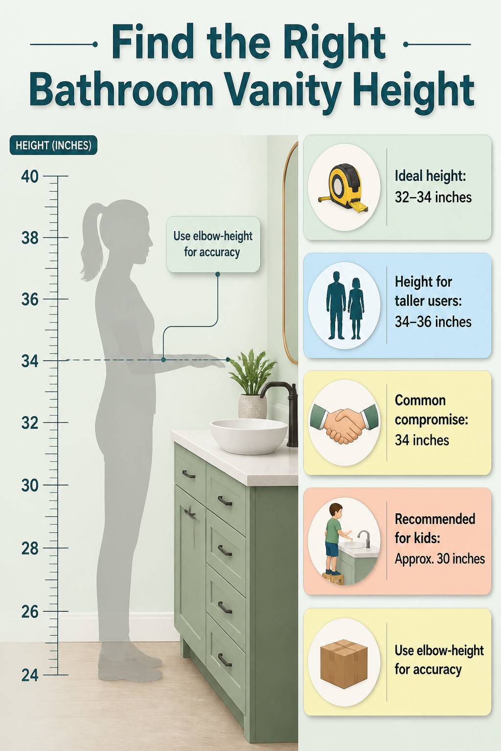 An image illustrating the best bathroom vanity height based on elbow position.