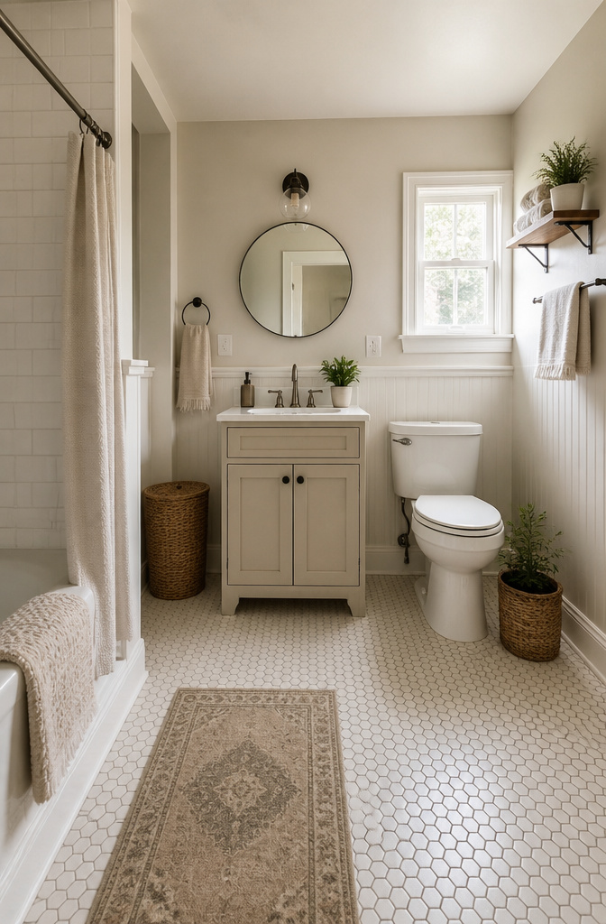 A compact bathroom featuring a low-profile vanity for a spacious feel.