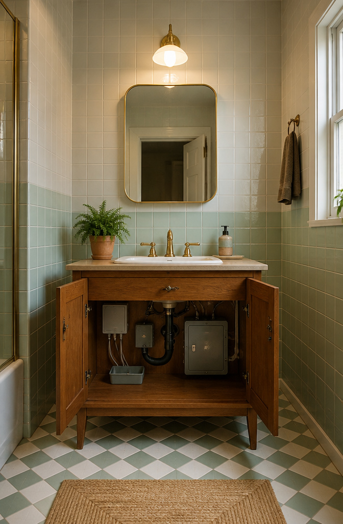 A 32-inch retro vanity with visible plumbing and electrical components.
