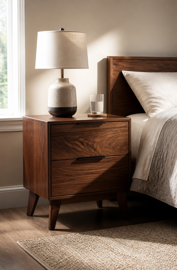 A wooden nightstand with a lamp and glass of water in a softly lit room.
