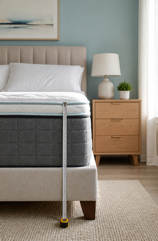 A measuring tape stretched from a mattress to the floor beside a bed.