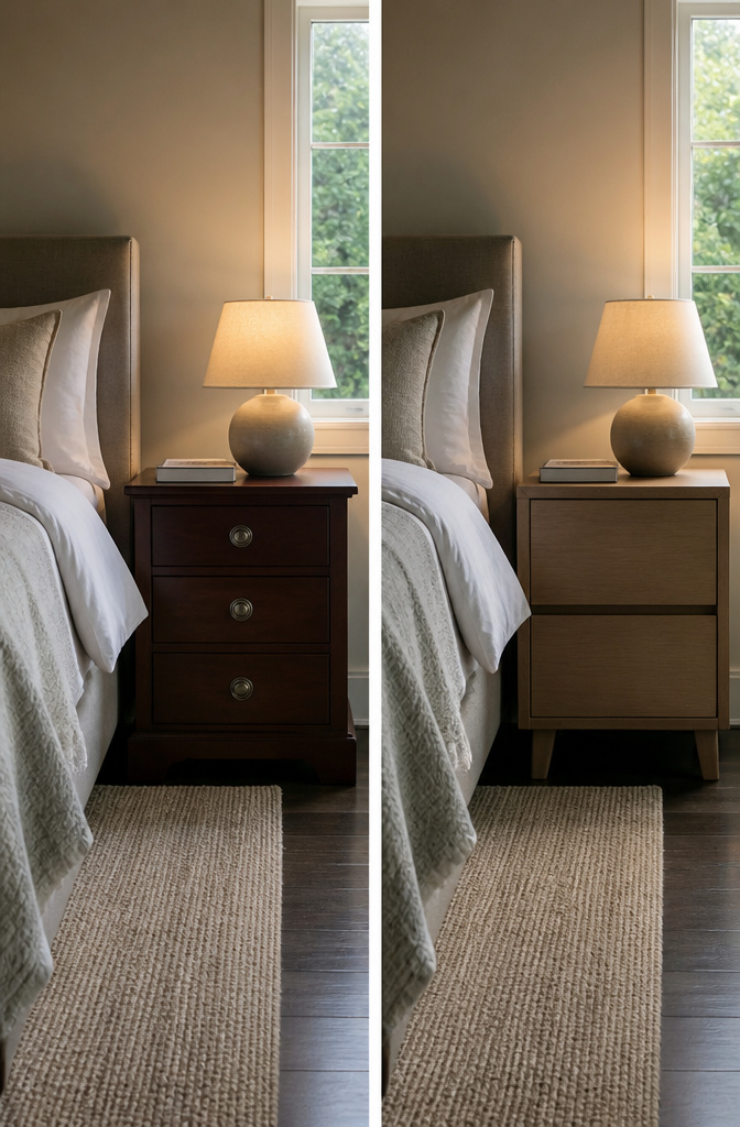 A nightstand aligned with a mattress, demonstrating the 2-inch rule.