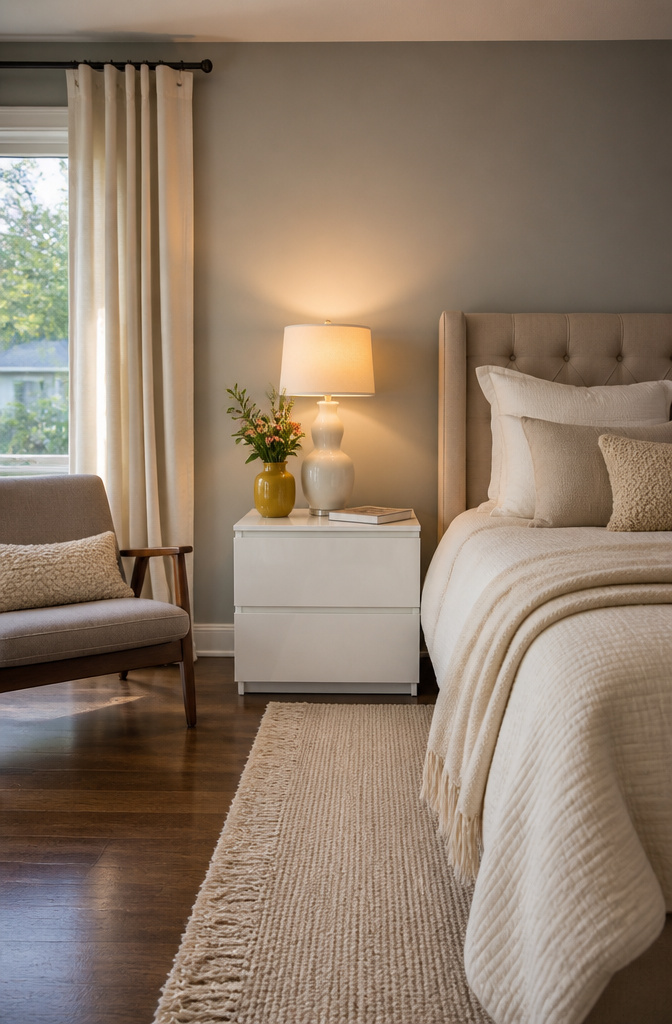 A hand reaching for a glass from a nightstand beside a bed.