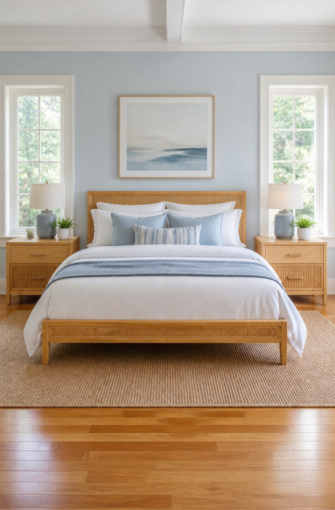 Two matching nightstands next to a bed, both at the same height.