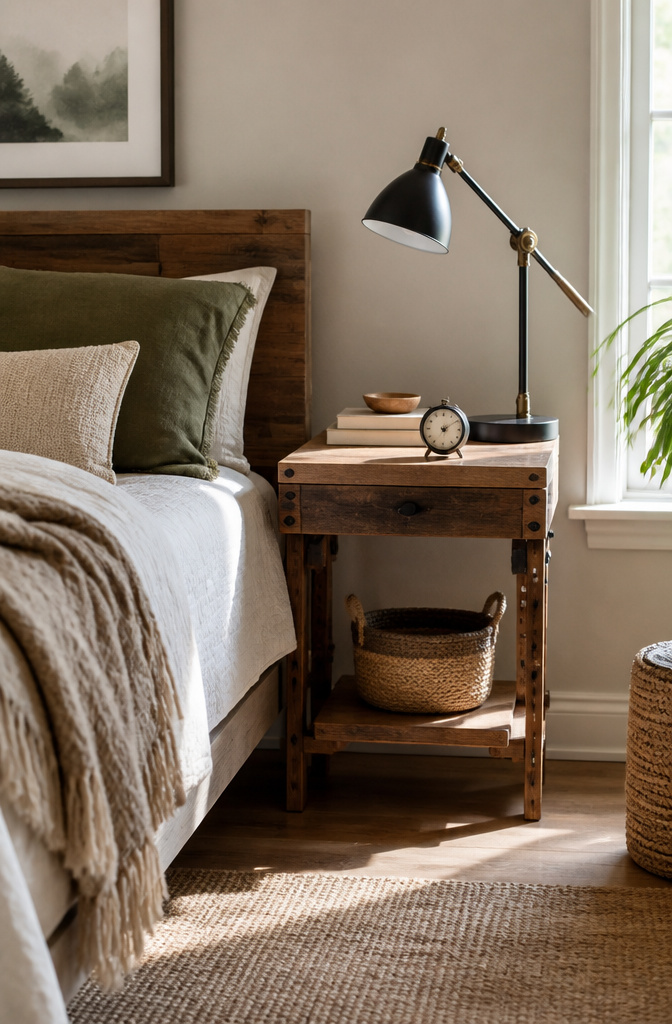 A custom-built nightstand with adjustable height in a cozy bedroom.
