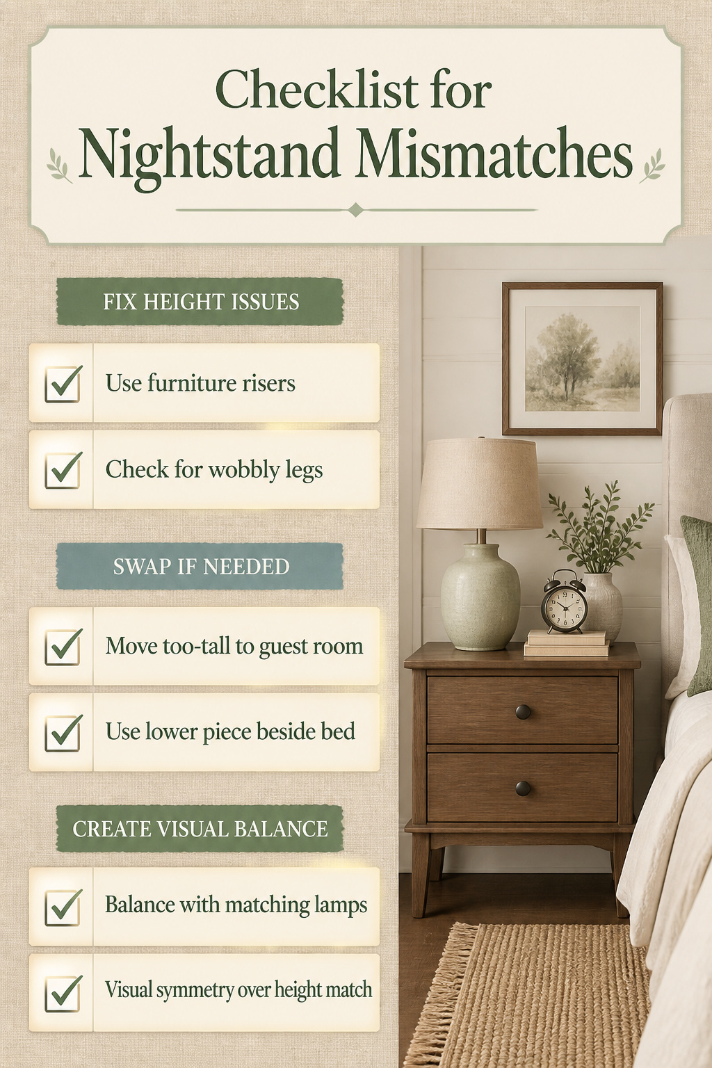 An information image detailing solutions for nightstand height mismatches.