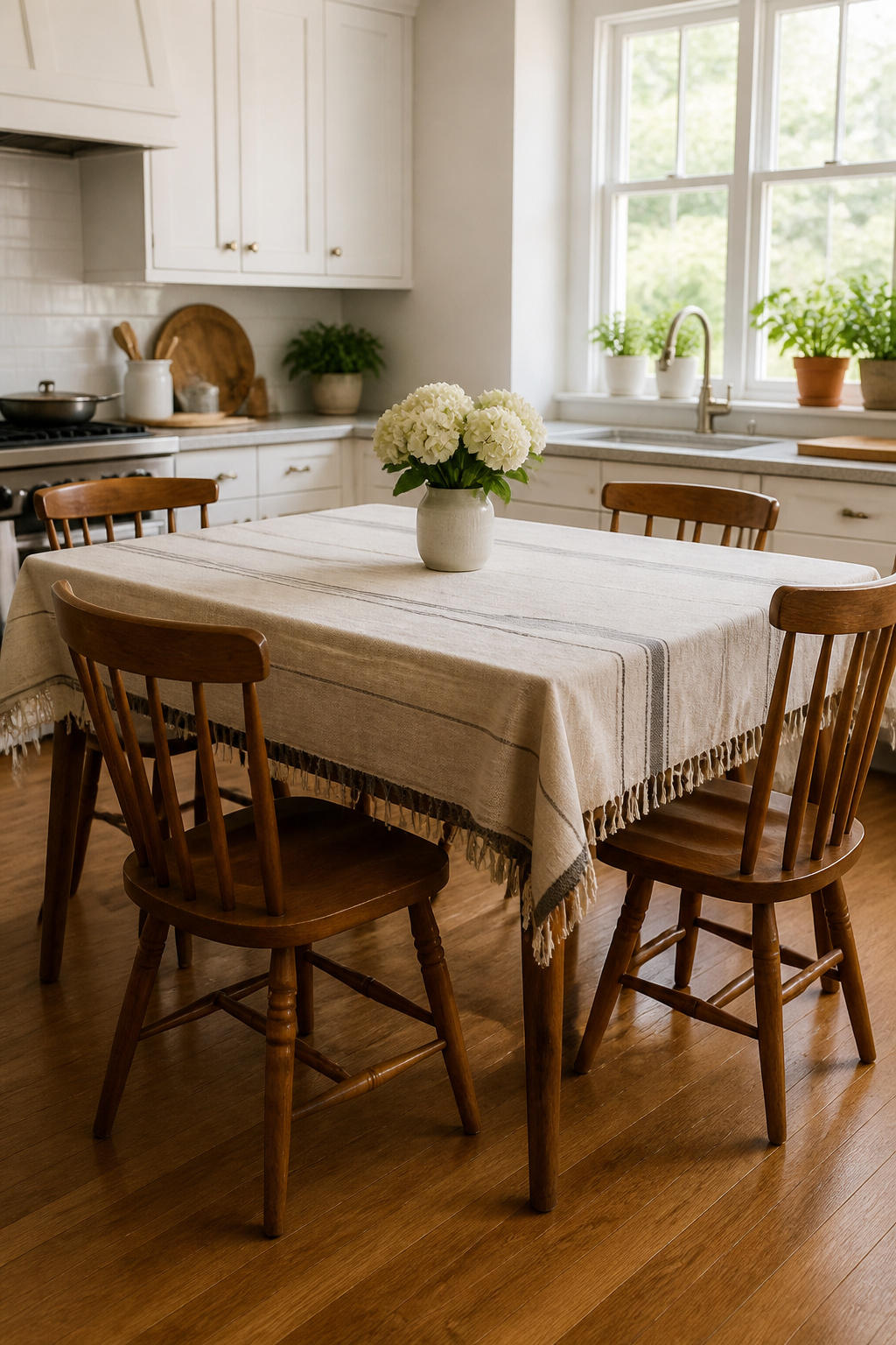 A rectangular wooden kitchen table with classic wooden chairs around it.