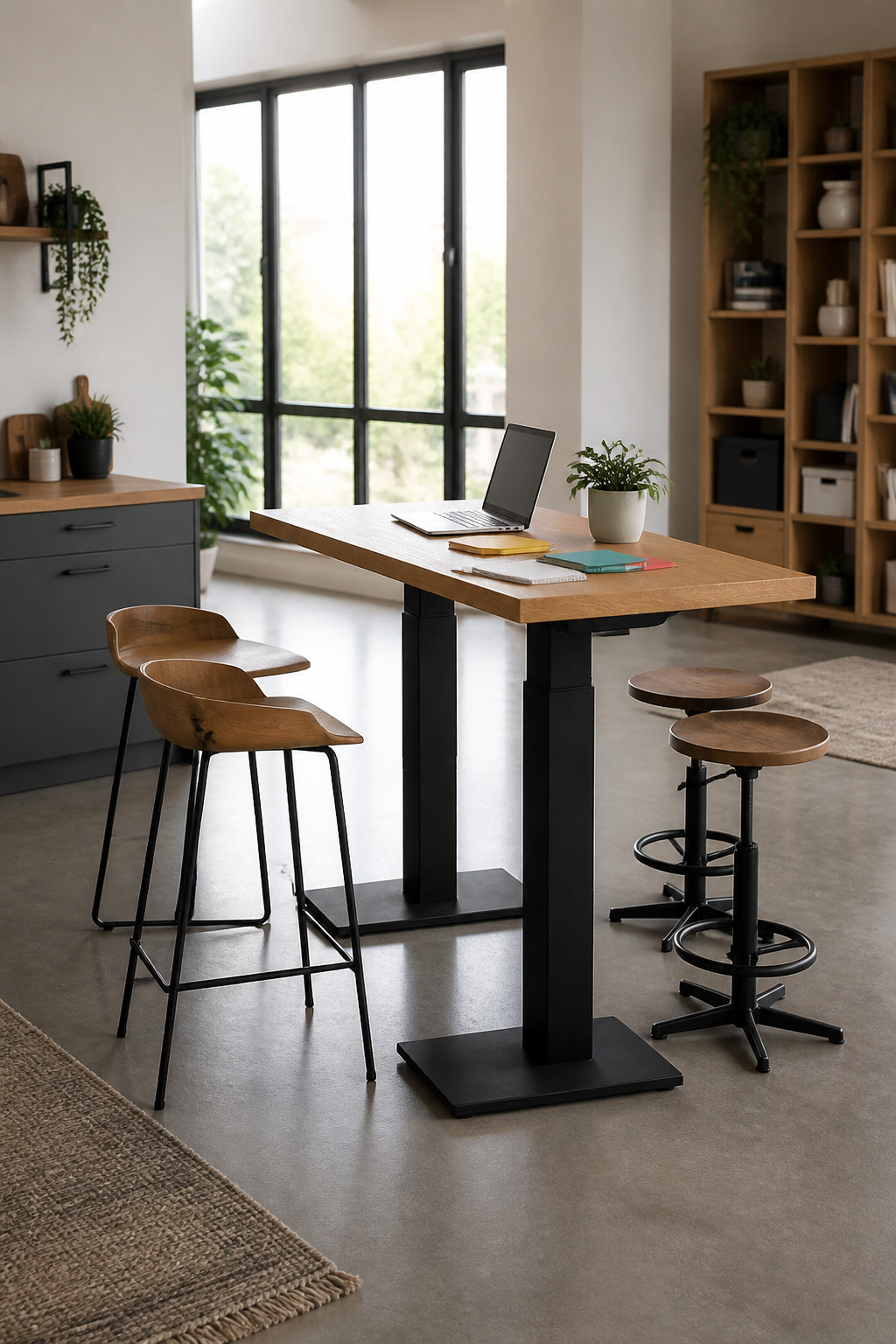 An adjustable height table surrounded by stools of varying heights.