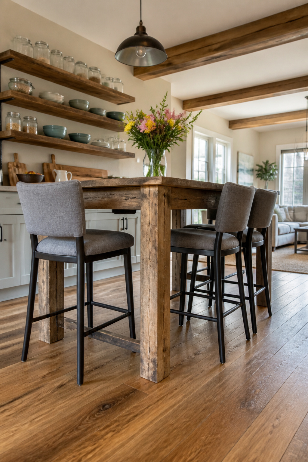 A counter-height table with tall stools, blending with kitchen counters.