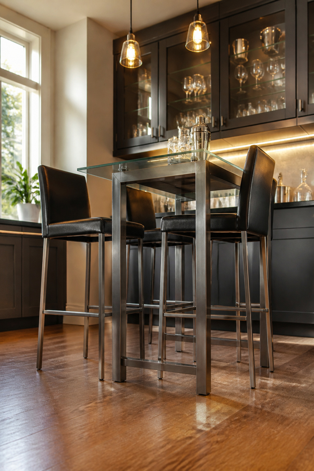 A bar-height table with stools, suitable for casual gatherings.