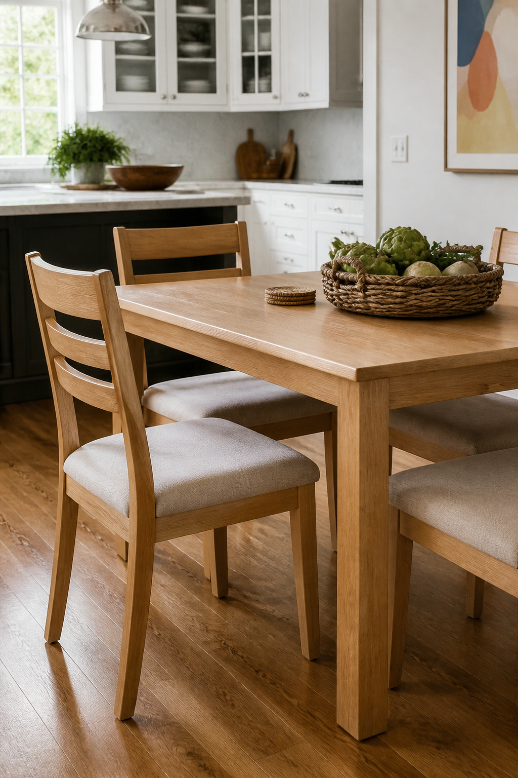 A set of standard dining chairs made of light ash wood.