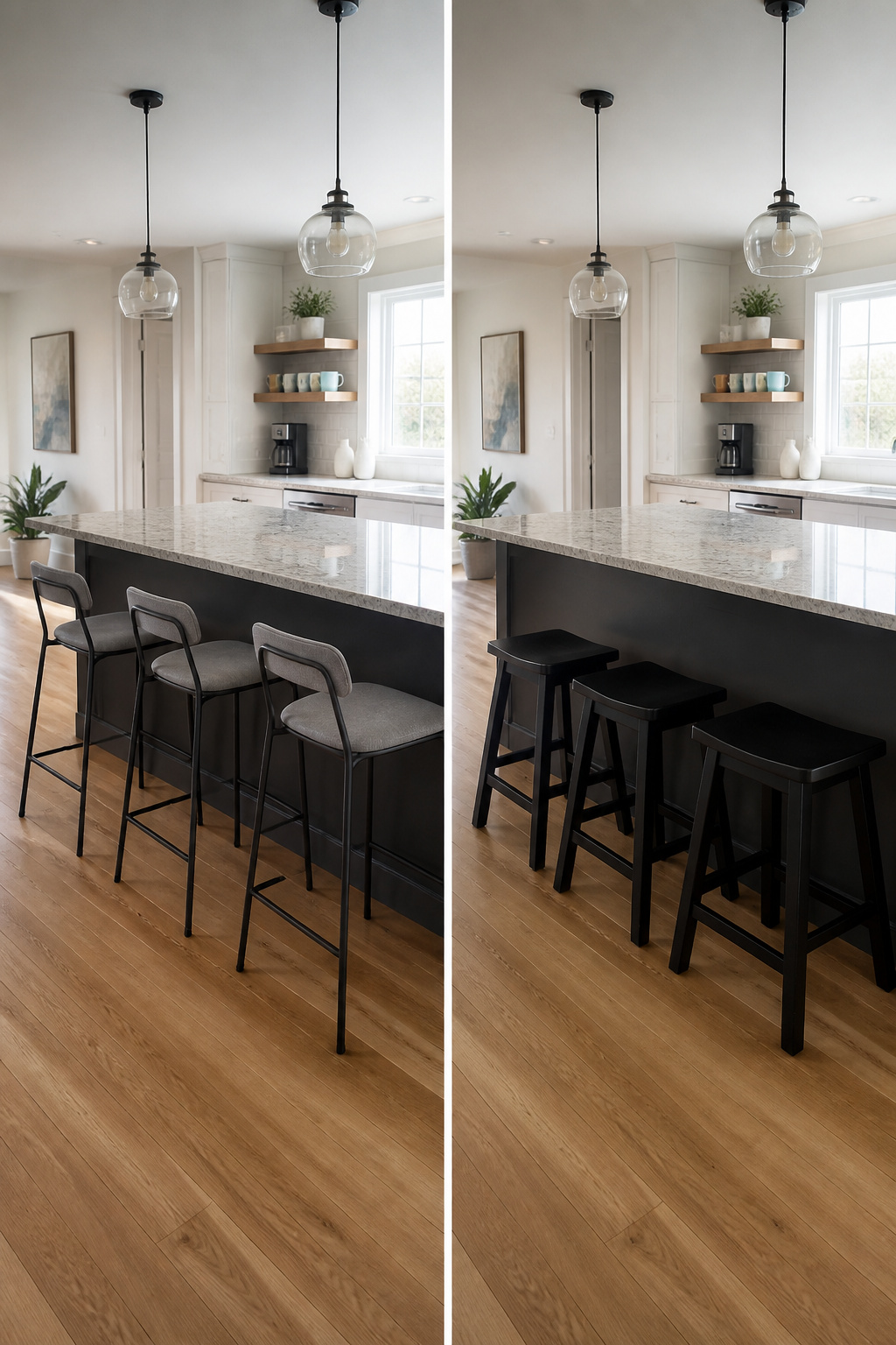 Stools of various heights around a counter-height table.