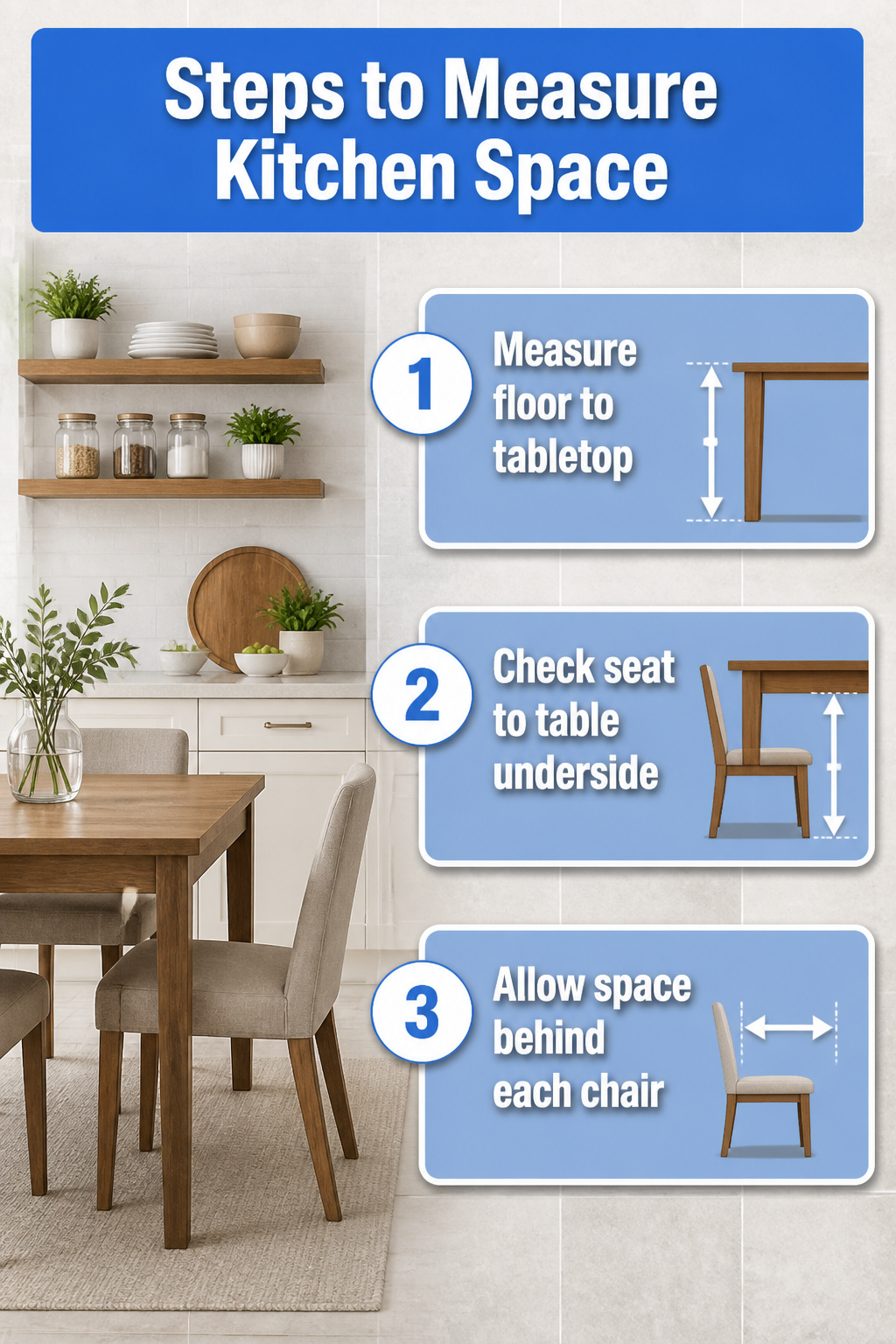 An information graphic showing steps to measure kitchen space.