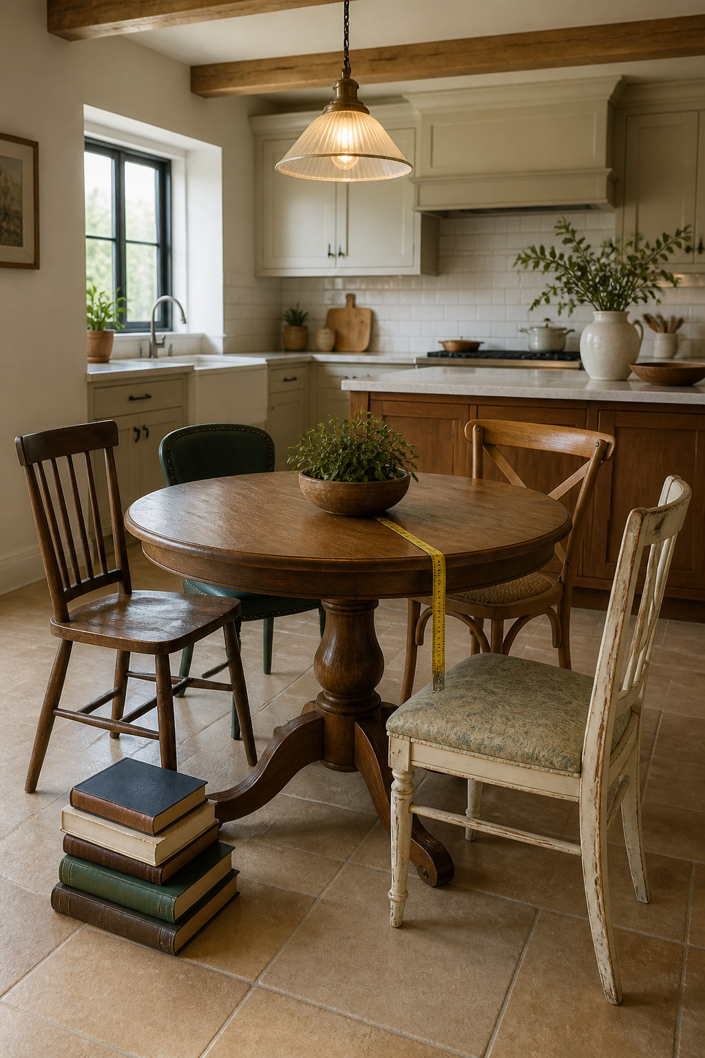A standard kitchen setup with various chairs around a 30-inch table.